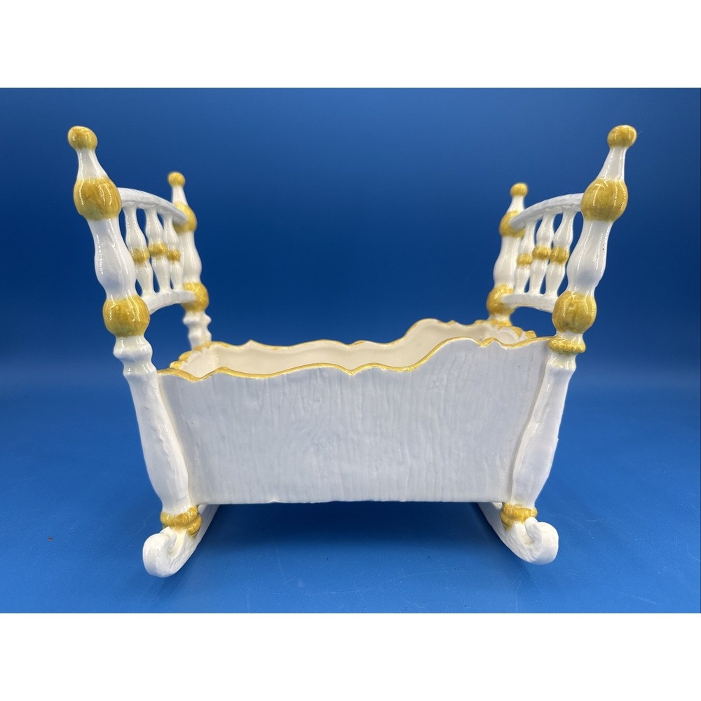 Vtg Small Mini Ceramic Bassinet Rocking Cradle Victorian Planter Cottagecore